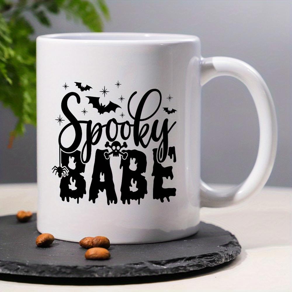 Tailorly White Ceramic 11 oz Mug - Spooky Babe Flying Bats And Stars Above A Creepy Hanging Spider Skull