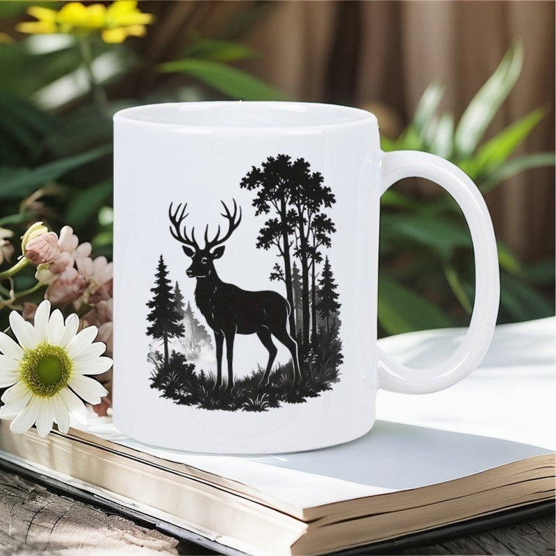 Tailorly White Ceramic 11 oz Mug - Majestic Forest Silhouette Standing Among Tall Pine Trees And Wild Grass Deer