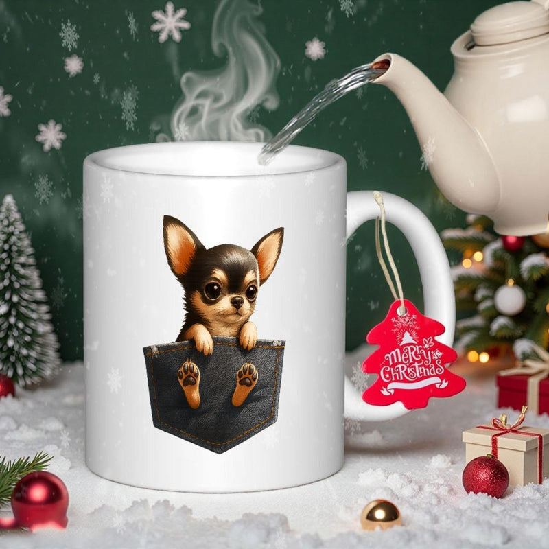 Tailorly White Ceramic 11 oz Mug - Adorable Tiny Puppy Peeking Out From A Dark Denim Styled Pocket Chihuahua
