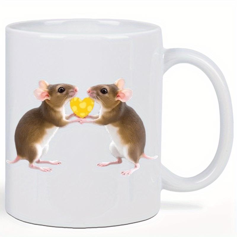 Tailorly White Ceramic 11 oz Mug - Two Realistic Brown Field Mice Holding Heart Shaped Piece Of Yellow Cheese