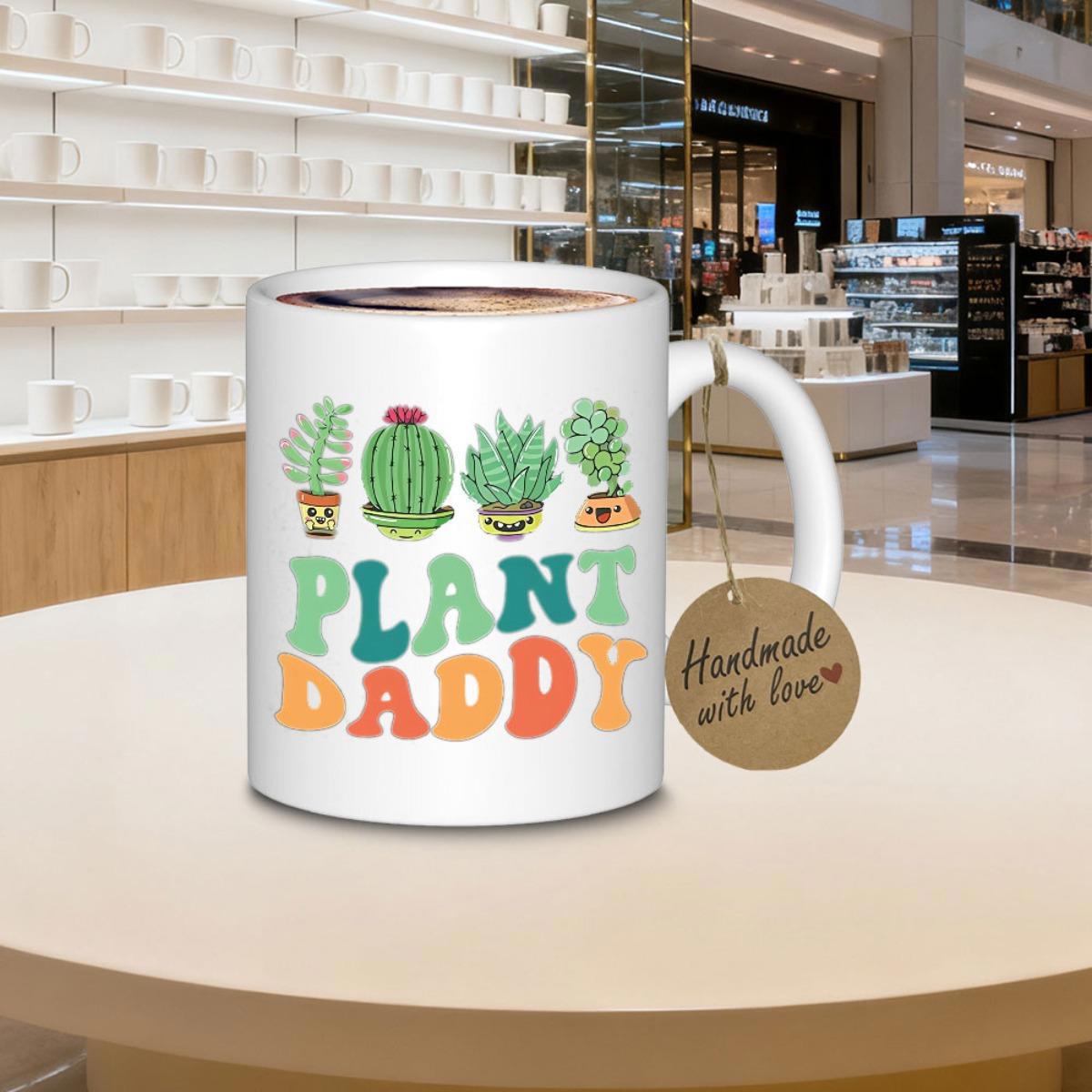 Tailorly White Ceramic 11 oz Mug - Plant Daddy Hand Drawn Potted Succulents And Colorful Retro Gardeners Themed Plant