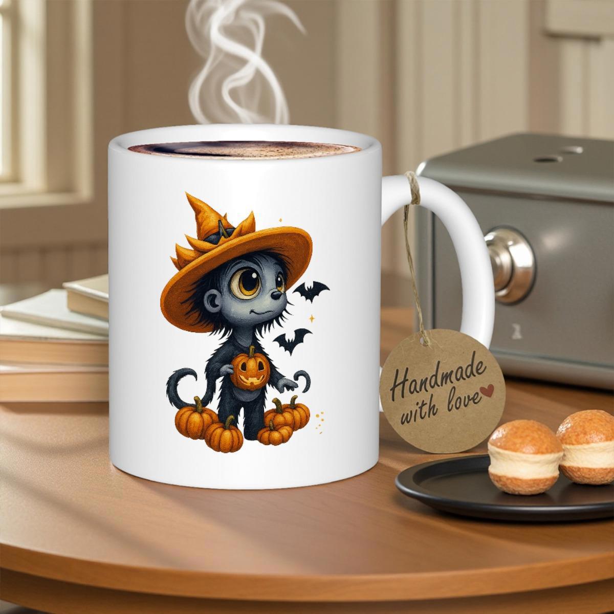 Tailorly White Ceramic 11 oz Mug - Adorable Halloween Creature Wearing Witch Hat Among Small Orange Festive Pumpkins Cat