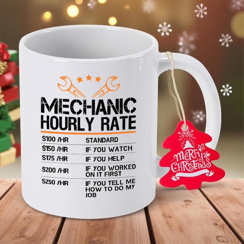 Tailorly White Ceramic 11 oz Mug - Mechanic Hourly Rate Distressed Stencil Graphics With Orange Wrench Elements And Service List Mug