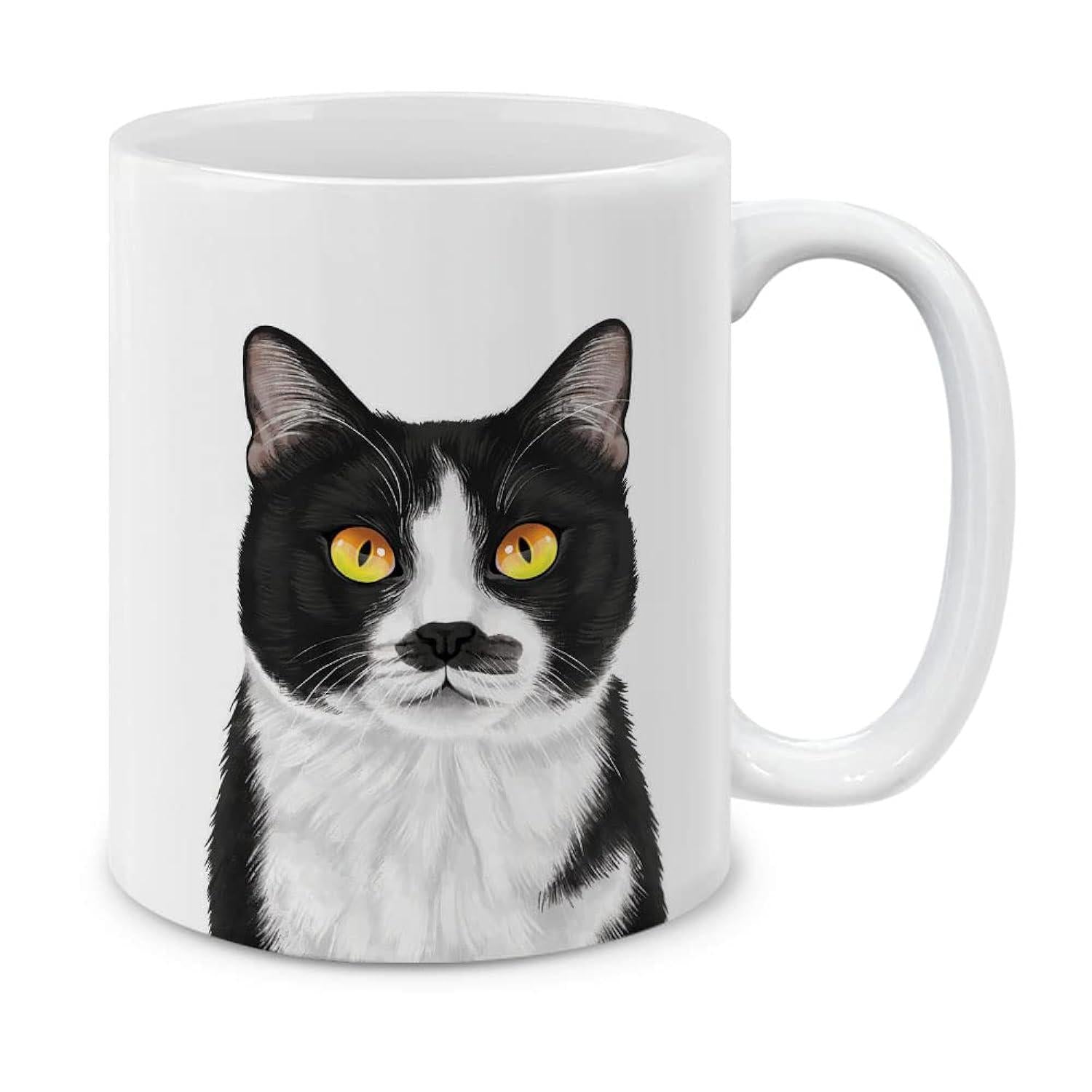 Tailorly White Ceramic 11 oz Mug - Artistic Tuxedo Feline Portrait Featuring Intense Glowing Yellow Eyes Cat