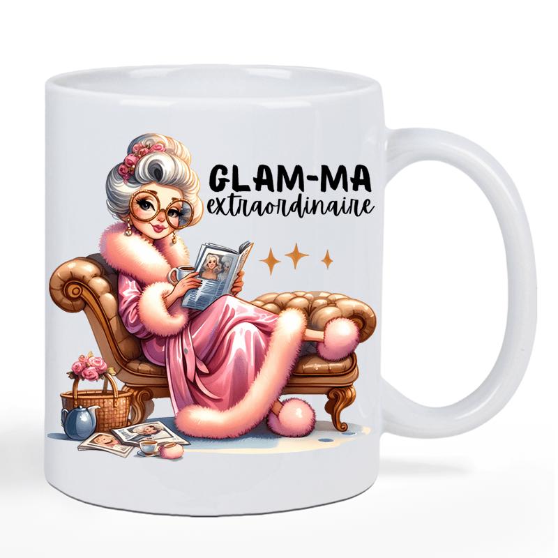 Tailorly White Ceramic 11 oz Mug - Glam Ma Extraordinaire Stylish Senior Lady In Pink Silk Robe Lounging Grandmother