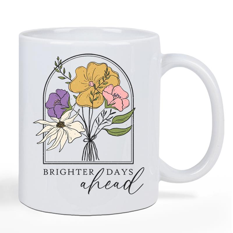 Tailorly White Ceramic 11 oz Mug - Brighter Days Ahead Hand Drawn Colorful Floral Bouquet Inside A Minimalist Black Line Arch Flower