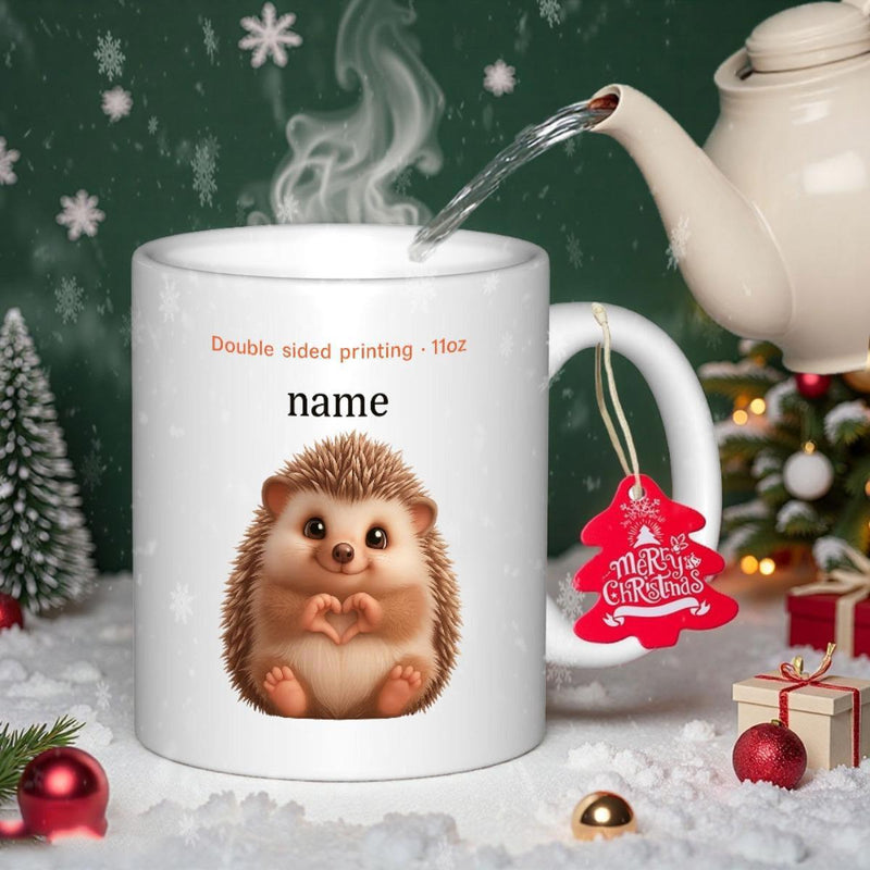 Tailorly White Ceramic 11 oz Mug - Name Adorable Small Hedgehog Making Heart Shape With Tiny Paws In Winter Hedgehog
