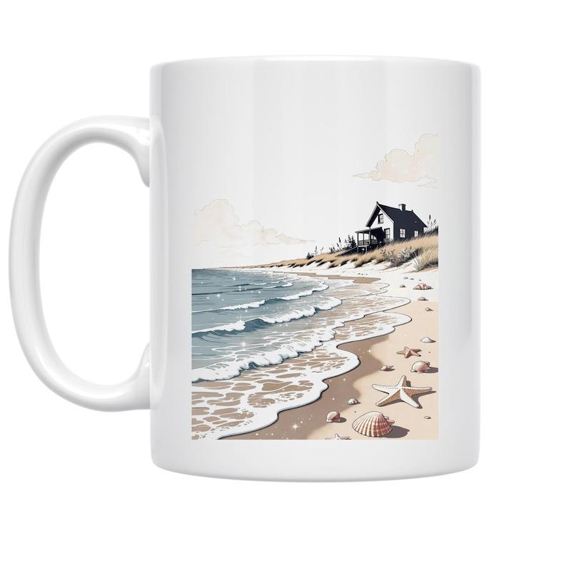 Tailorly White Ceramic 11 oz Mug - Serene Coastal Beach With Rolling Waves Near A Small Peaceful Seaside House