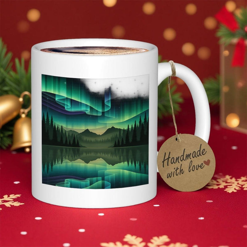 Tailorly White Ceramic 11 oz Mug - Handmade With Love Vibrant Northern Lights Shimmering Over A Still Lake With Silhouetted Pine Trees Aurora