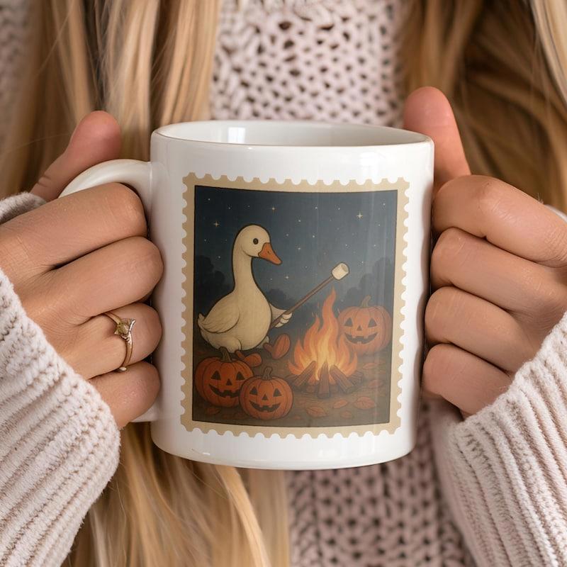 Tailorly White Ceramic 11 oz Mug - Charming White Duck Roasting Marshmallows By A Glowing Halloween Campfire Goose
