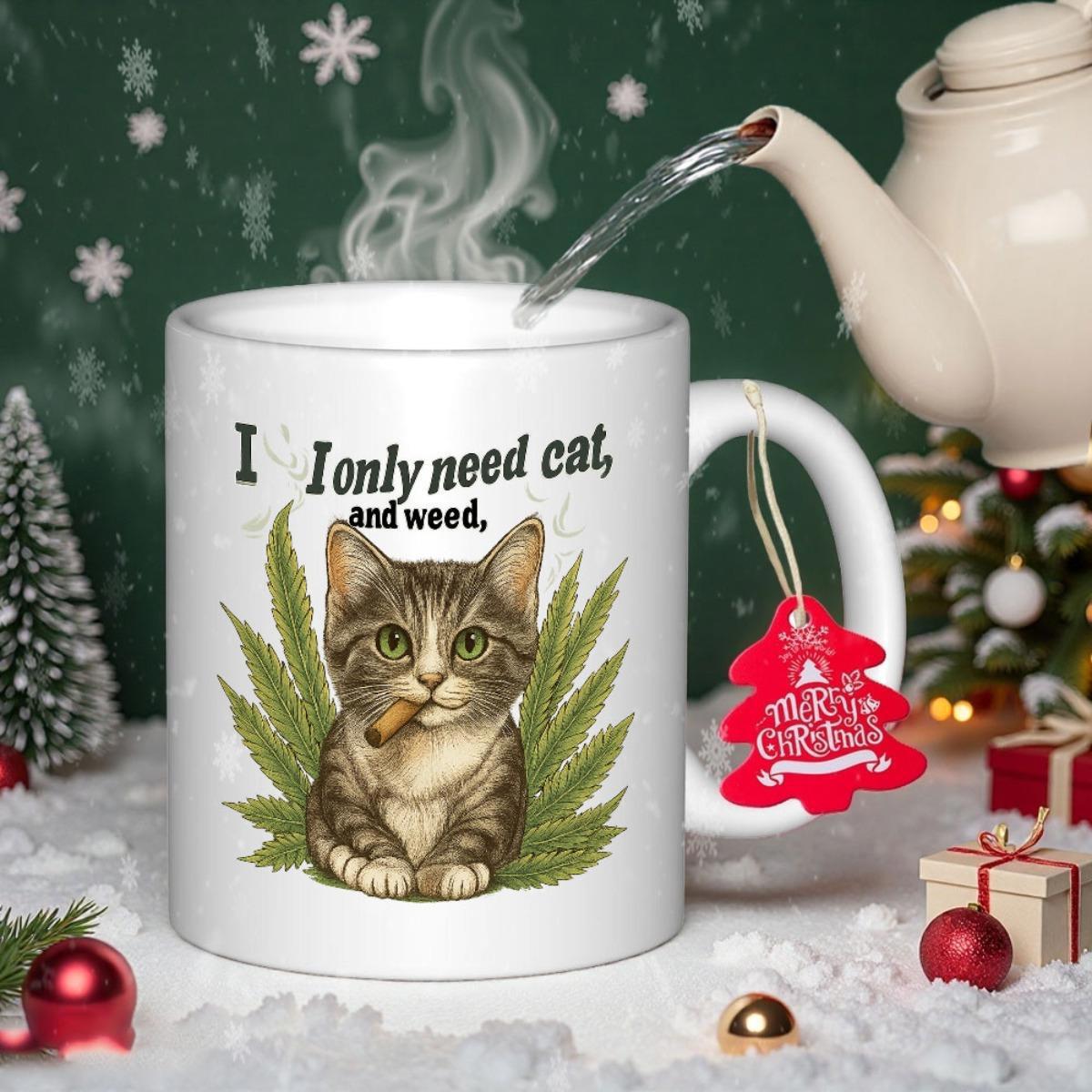Tailorly White Ceramic 11 oz Mug - I Only Need Cat And Weed Smoking Tabby Cat Surrounded By Lush Green Leaves Cat