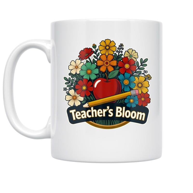 Tailorly White Ceramic 11 oz Mug - Teacher's Bloom Vibrant Red Apple Surrounded By Colorful Retro Daisies And Yellow Pencil Flower
