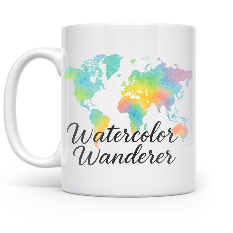 Tailorly White Ceramic 11 oz Mug - Watercolor Wanderer Pastel Colorful World Map Spreading Across A Pristine White Background Map