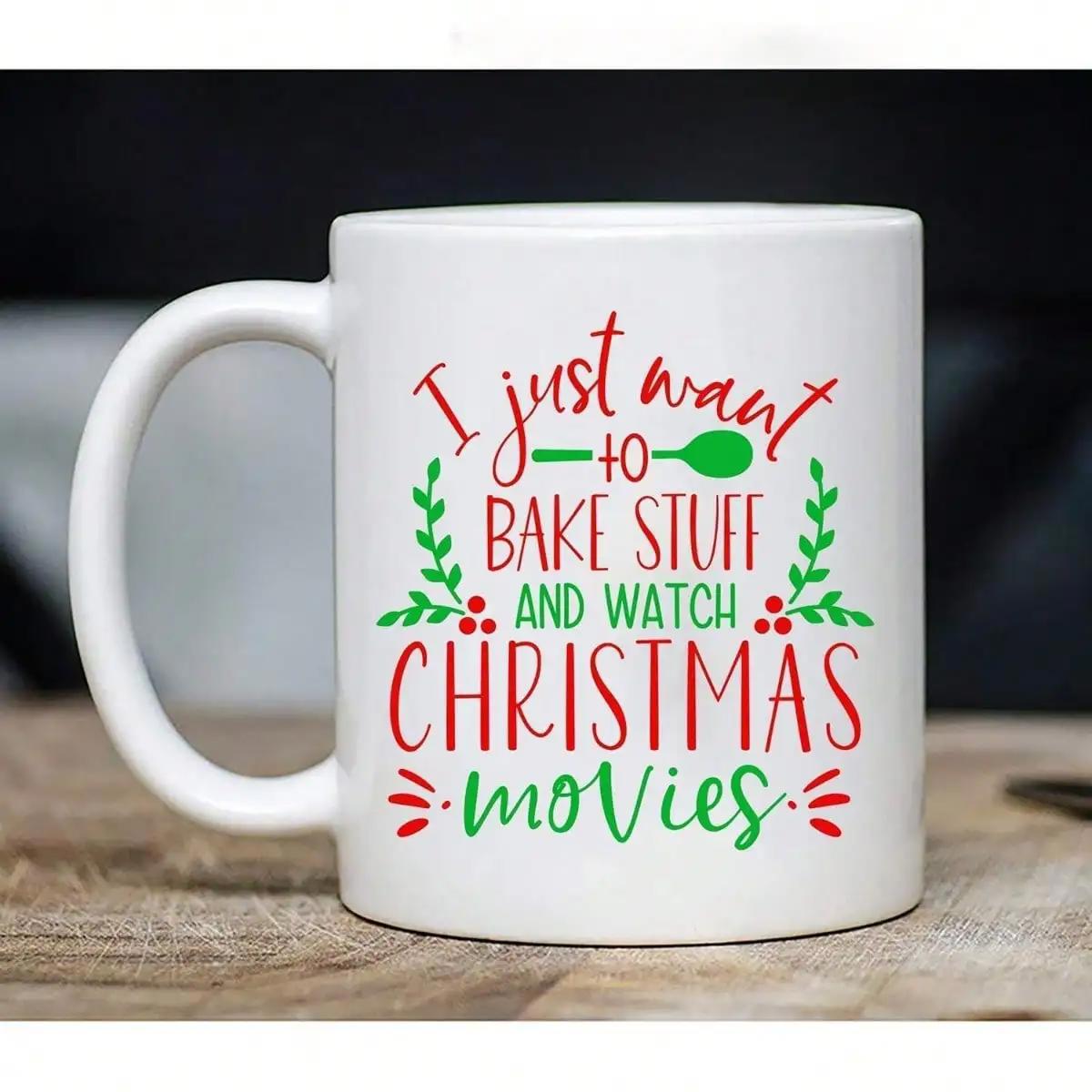 Tailorly White Ceramic 11 oz Mug - I Just Want To Bake Stuff And Watch Christmas Movies Kitchen Spatula With Christmas Holly Leaves And Berries Decoration Ceramic