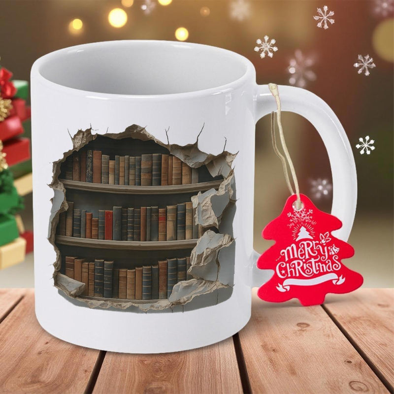 Tailorly White Ceramic 11 oz Mug - Merry Christmas Vintage Library Shelves Nestled Inside A Realistic Cracked Stone Wall Texture Bookshelf