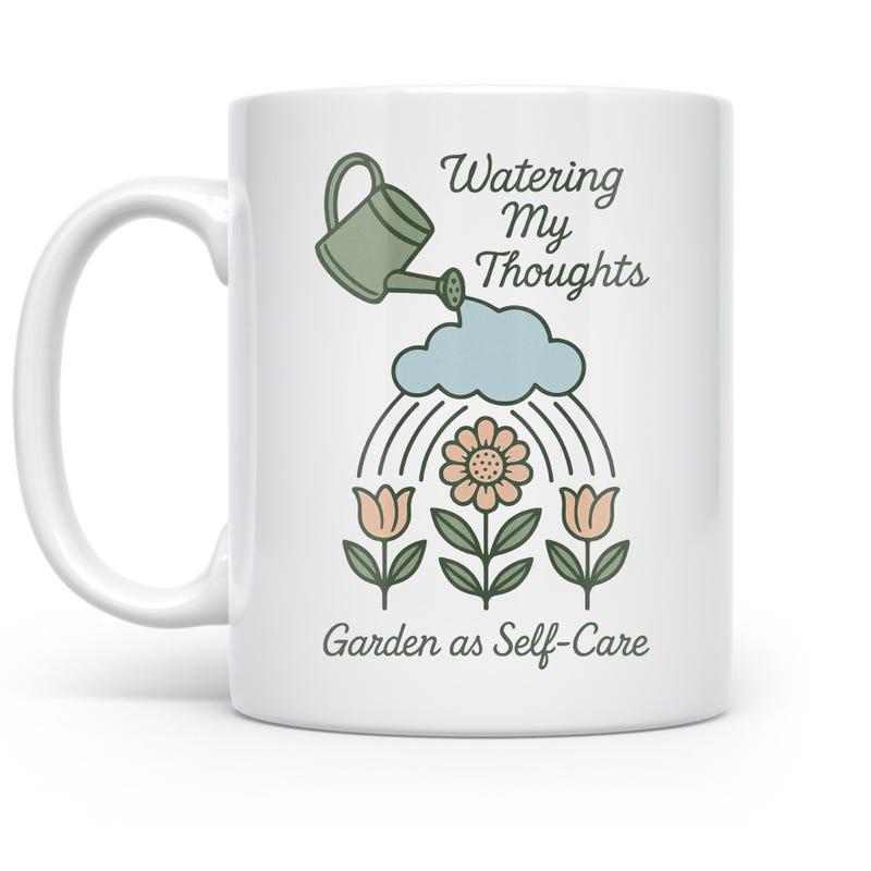 Tailorly White Ceramic 11 oz Mug - Watering My Thoughts Garden As Self Care Watering Can Pouring Over Rain Cloud Above Blooming Springtime Flower