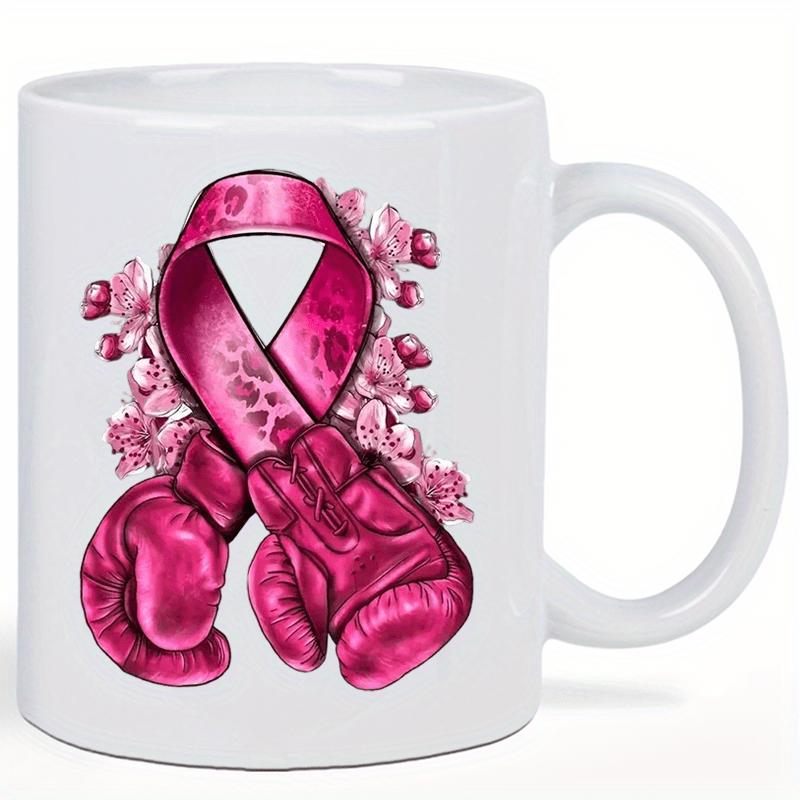 Tailorly White Ceramic 11 oz Mug - Vibrant Pink Awareness Surrounded By Delicate Blossoming Flowers And Resilient Boxing Gloves Ribbon