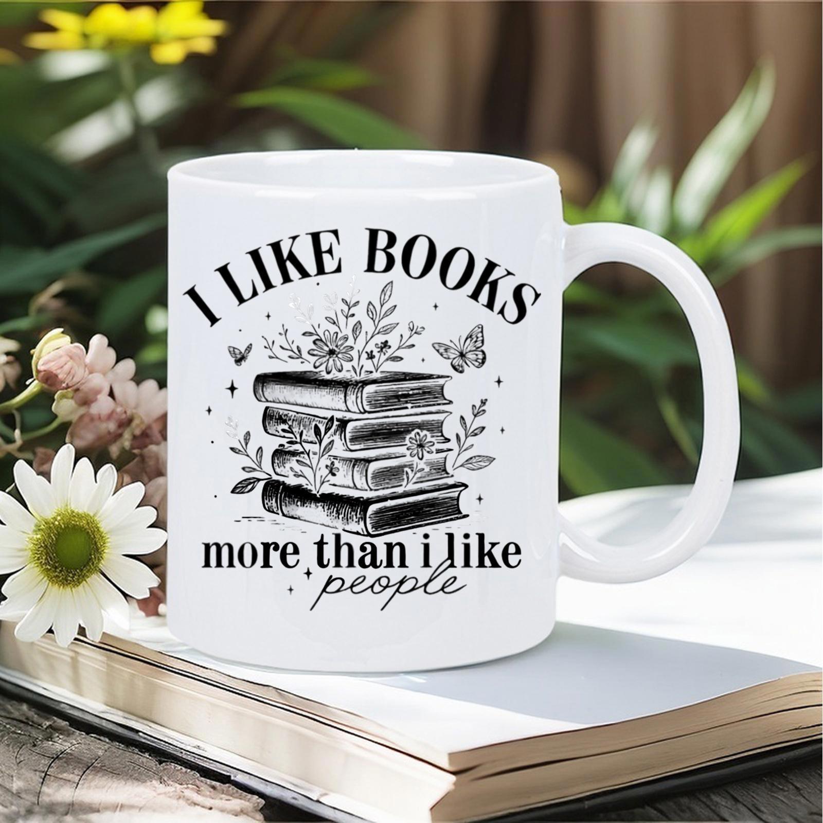 Tailorly White Ceramic 11 oz Mug - I Like Books More Than I Like People Vintage Stack Of Books Blooming With Delicate Flowers And Flying Butterflies Book