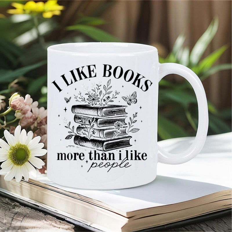Tailorly White Ceramic 11 oz Mug - I Like Books More Than I Like People Vintage Stack Of Books Blooming With Delicate Flowers And Flying Butterflies Book