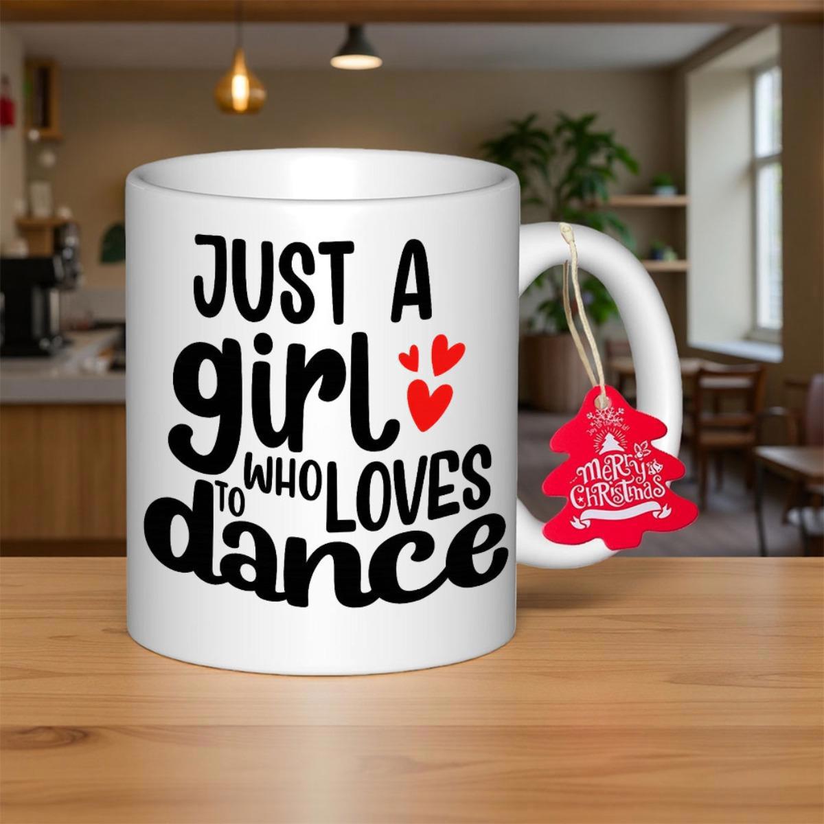 Tailorly White Ceramic 11 oz Mug - Just A Girl Who Loves Dance Minimalist Tiny Red Hearts Floating Beside Elegant Bold Artistic Script Heart
