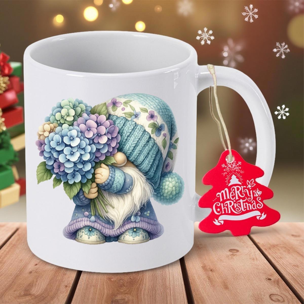 Tailorly White Ceramic 11 oz Mug - Merry Christmas Adorable Bearded Character Holding Colorful Blooming Floral Hydrangea Bouquet Under Soft Light Gnome
