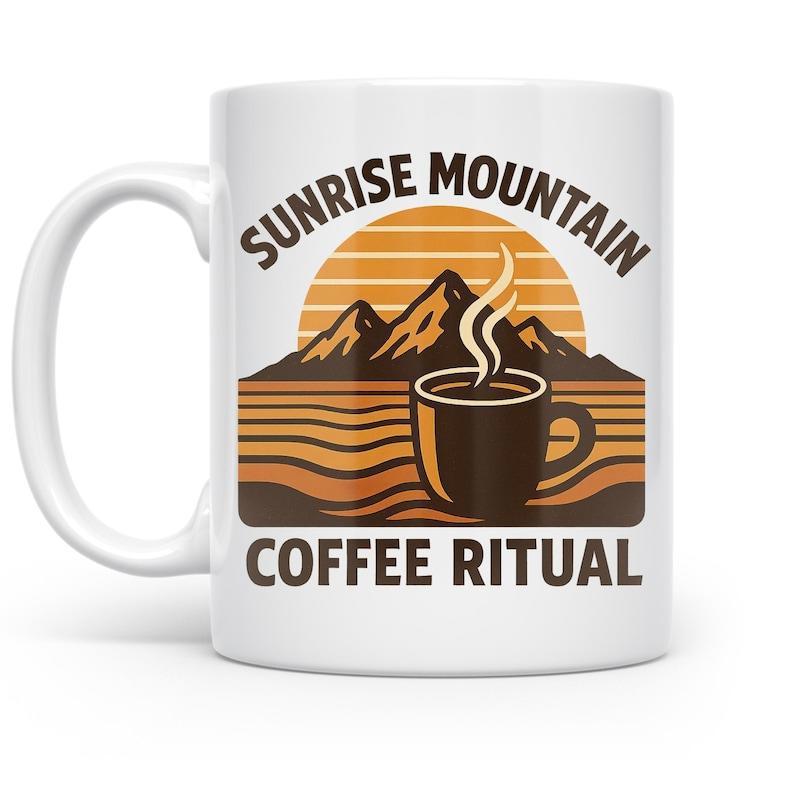 Tailorly White Ceramic 11 oz Mug - Sunrise Mountain Coffee Ritual Retro Sunset Behind Majestic Mountain Peaks With Steaming Morning Mug