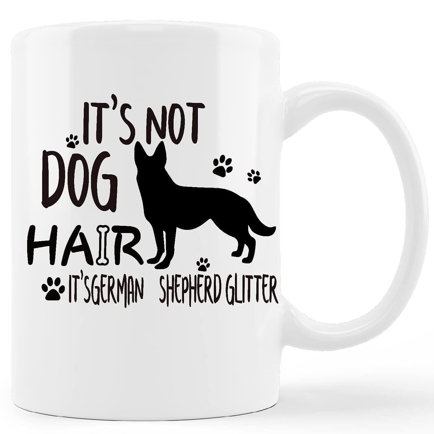 Tailorly White Ceramic 11 oz Mug - Its Not Dog Hair Its German Shepherd Glitter Elegant Black Silhouette Standing Among Small Paw Prints And Decorative Elements