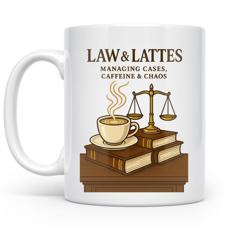 Tailorly White Ceramic 11 oz Mug - Law Lattes Managing Cases Caffeine Chaos Vintage Justice Scale Resting On Law Books Beside Steaming Hot Coffee Scale
