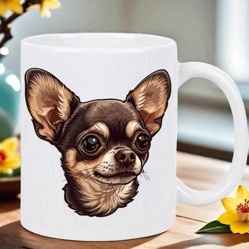 Tailorly White Ceramic 11 oz Mug - Hand Drawn Chihuahua Head With Large Ears And Big Expressive Eyes Chihuahua