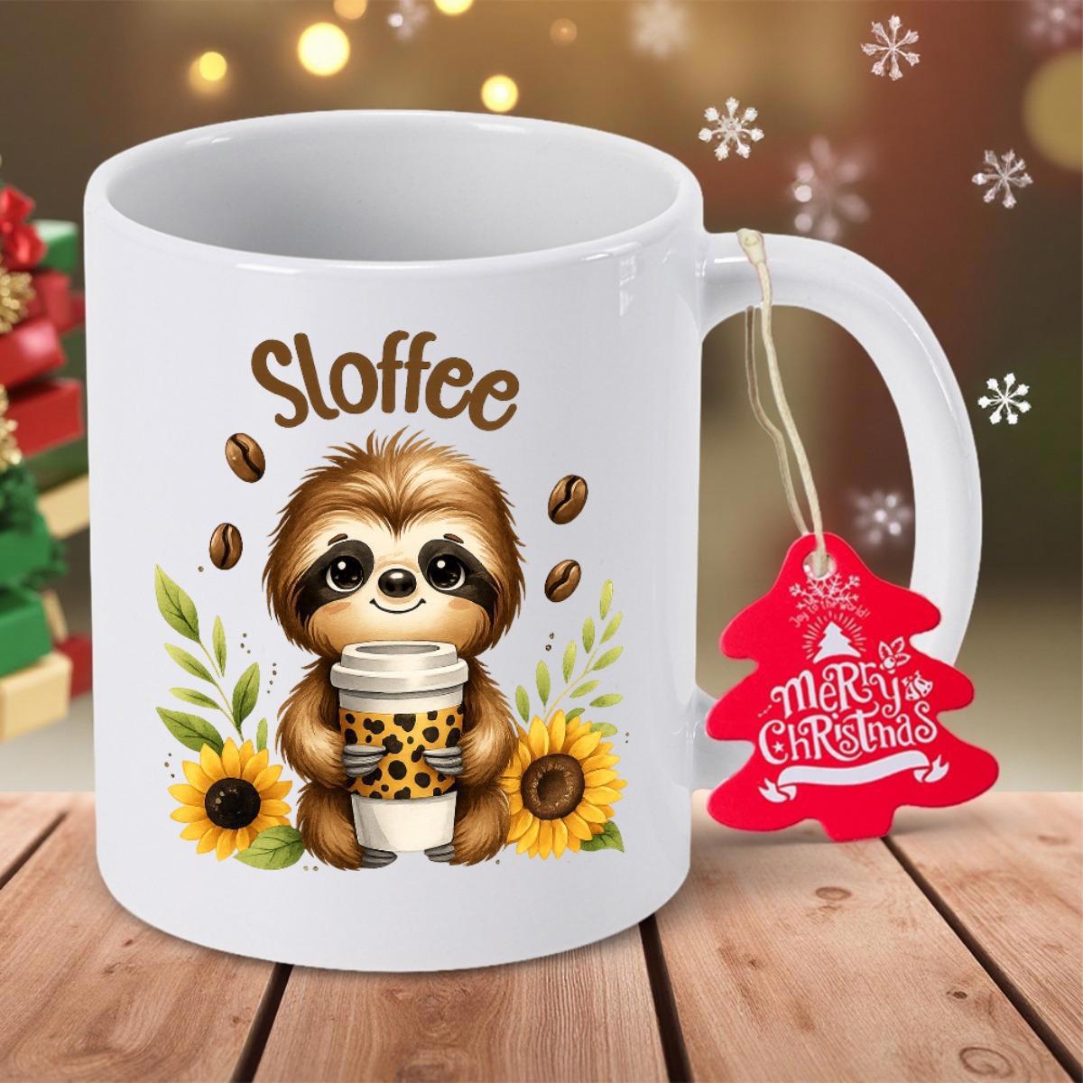 Tailorly White Ceramic 11 oz Mug - Sloffee Adorable Creature Holding Coffee Cup Among Sunflowers And Green Leaves Sloth