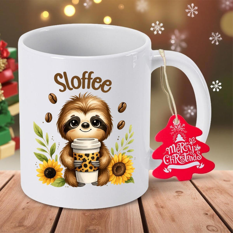 Tailorly White Ceramic 11 oz Mug - Sloffee Adorable Creature Holding Coffee Cup Among Sunflowers And Green Leaves Sloth