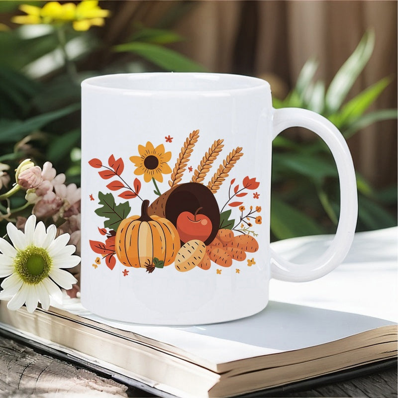 Tailorly White Ceramic 11 oz Mug - Vibrant Autumn Harvest With Cornucopia Sunflower And Golden Wheat Stalks Pumpkin