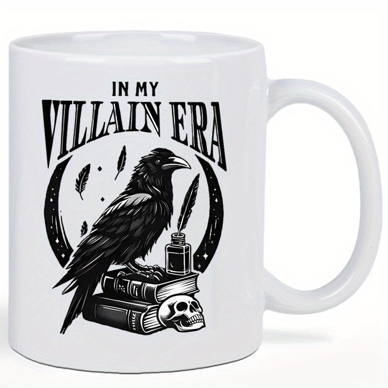 Tailorly White Ceramic 11 oz Mug - In My Villain Era Mystical Black Crow Perched On Antique Books Near Human Skull Crow