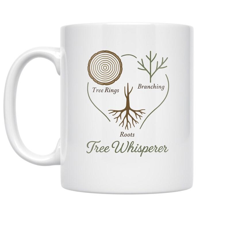 Tailorly White Ceramic 11 oz Mug - Tree Rings Branching Roots Tree Whisperer Minimalist Heart Outline Enclosing Wood Circles Branches And Rooted Base Tree