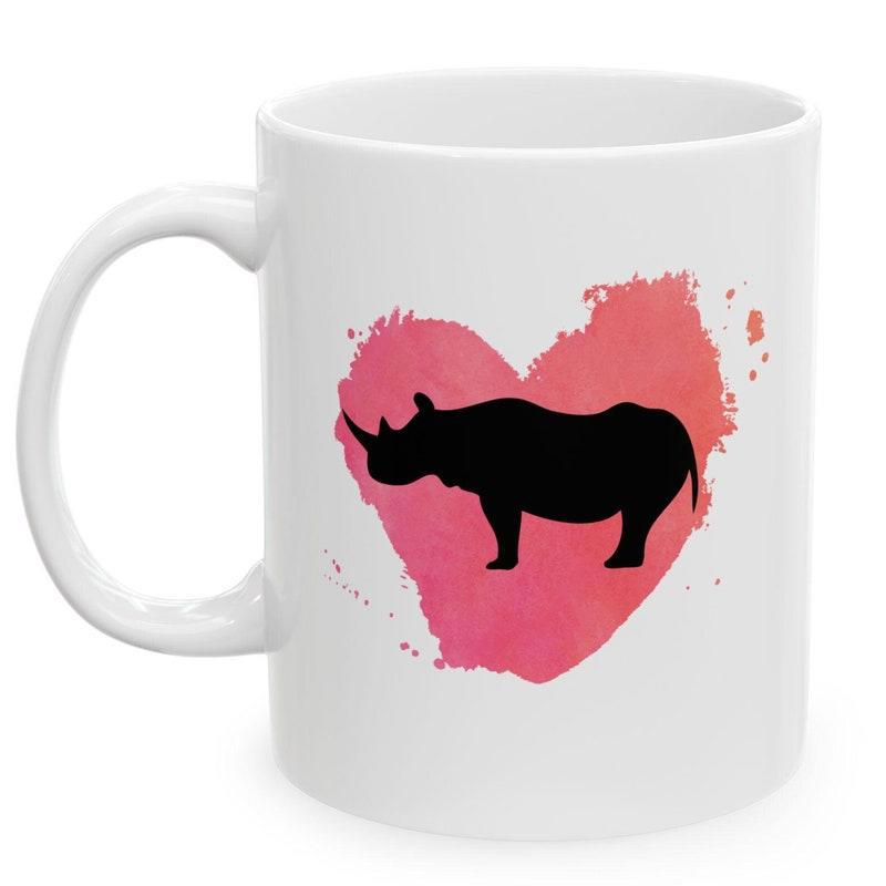 Tailorly White Ceramic 11 oz Mug - Pink Watercolor Heart Background With Black Silhouette Animal Nature Rhino