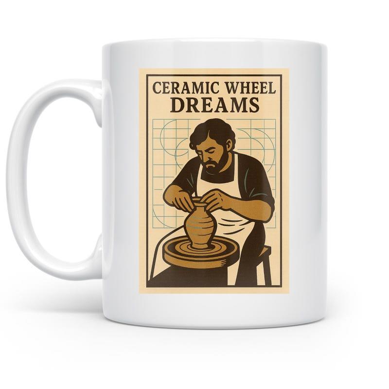 Tailorly White Ceramic 11 oz Mug - Ceramic Wheel Dreams Artisan Shaping Wet Clay On Traditional Rotating Manual Wheel Potter