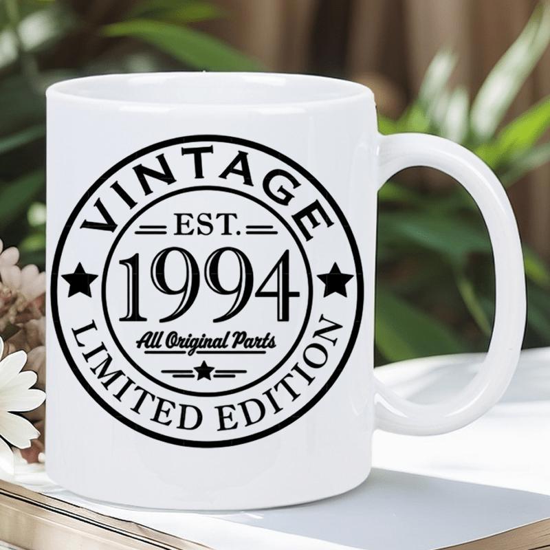 Tailorly White Ceramic 11 oz Mug - Vintage Est 1994 All Original Parts Limited Edition Classic Circular Emblem Design With Bold Script And Symmetrical Stars Badge
