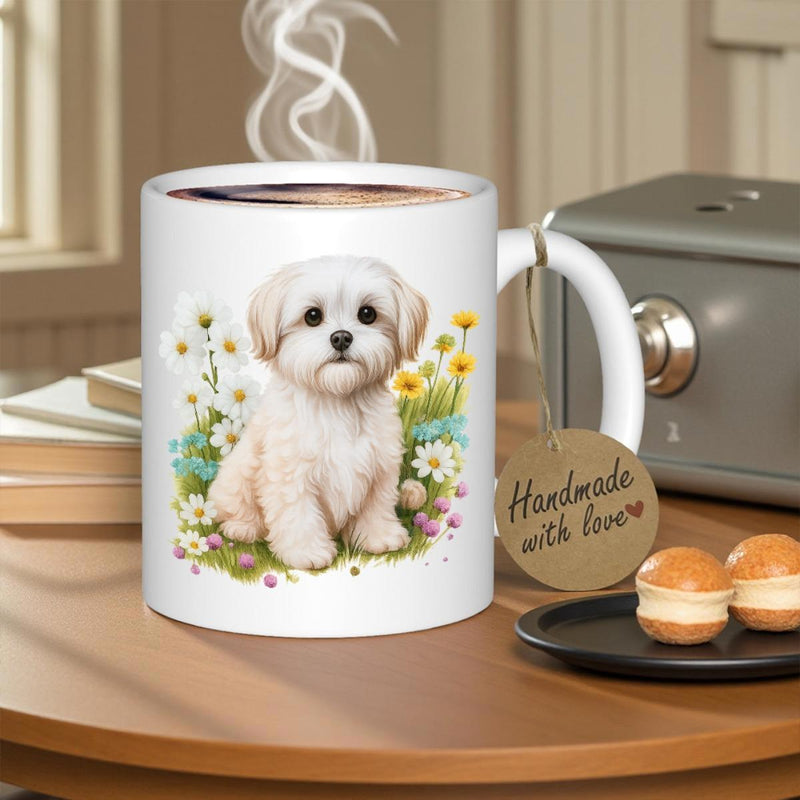 Tailorly White Ceramic 11 oz Mug - Handmade With Love Cute White Maltese Sitting Among Vibrant Wildflowers In A Blooming Meadow Puppy