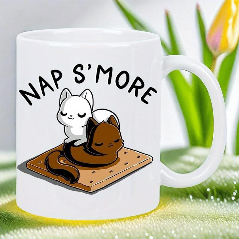 Tailorly White Ceramic 11 oz Mug - Nap Smore Two Adorable Cartoon Kittens Resting Peacefully On Graham Cracker Cats