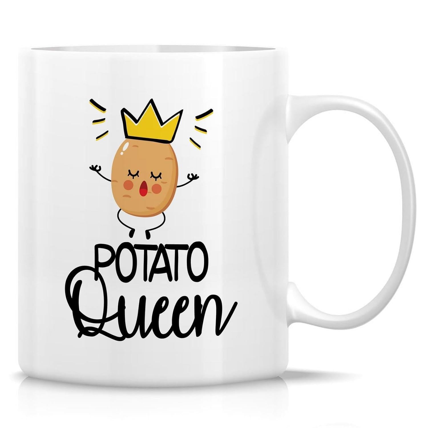 Tailorly White Ceramic 11 oz Mug - Potato Queen Hand Drawn Cute Character Wearing Small Golden Crown With Joyful Expression Potato