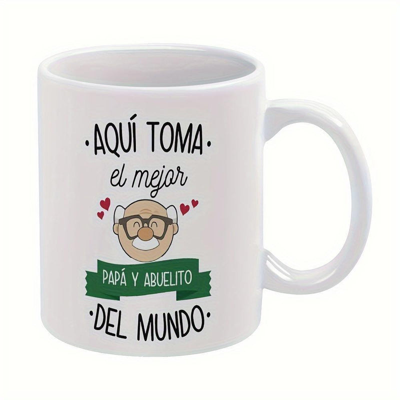 Tailorly White Ceramic 11 oz Mug - Smiling Cartoon Grandpa With Thick Glasses And Floating Hearts Green Banner Grandpa