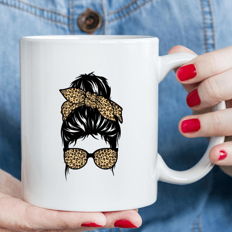 Tailorly White Ceramic 11 oz Mug - Stylish Leopard Print Accessories Featuring Sunglasses And Hairband Messy Bun