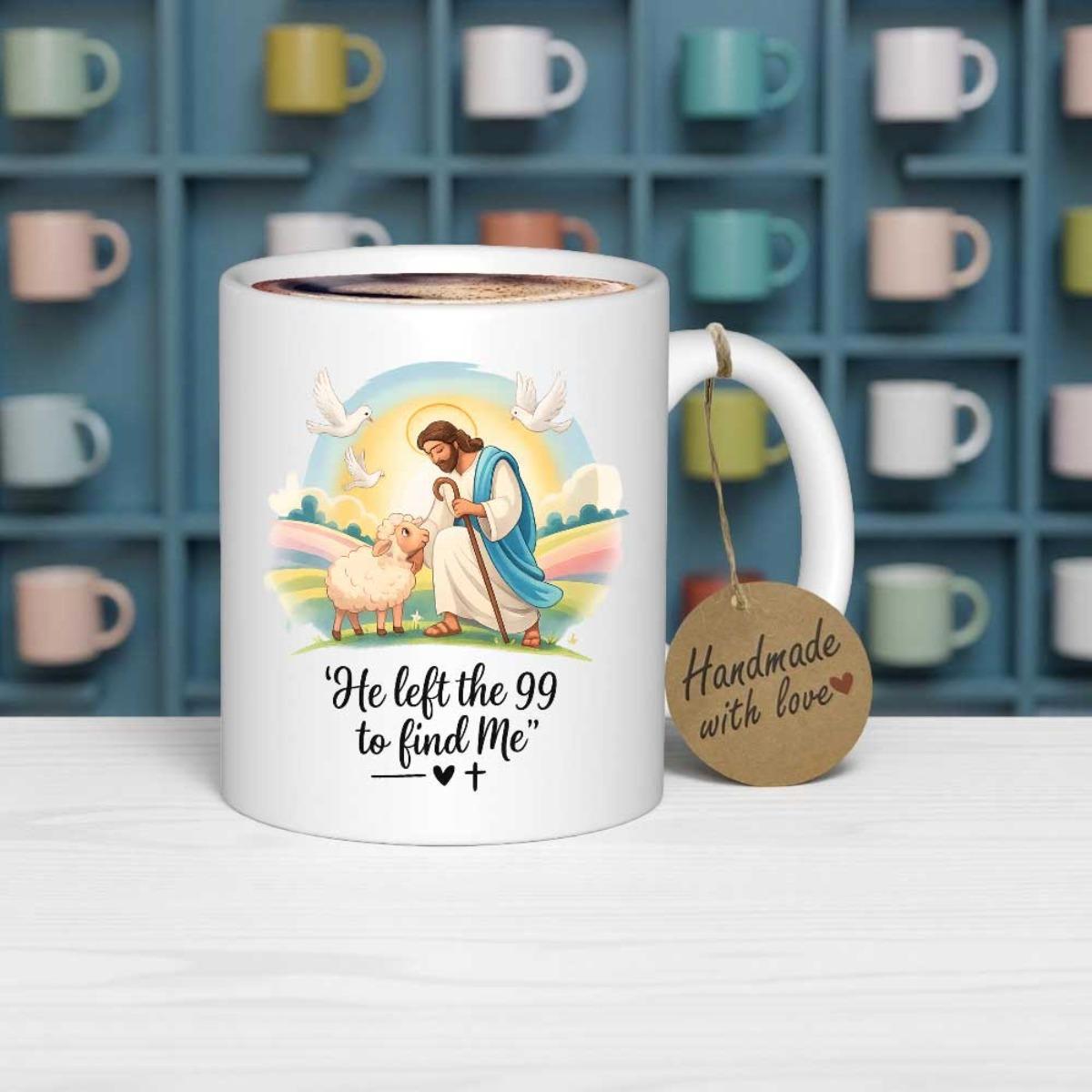 Tailorly White Ceramic 11 oz Mug - He Left The 99 To Find Me Serene Shepherd Kneeling Beside A Gentle Lamb Under A Colorful Pastel Rainbow Shepherd