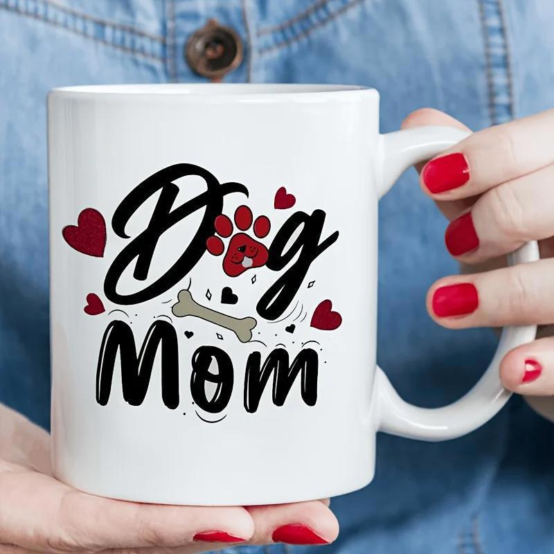 Tailorly White Ceramic 11 oz Mug - Dog Mom Red Hearts And Small Paw Print With A Bone Element Mug