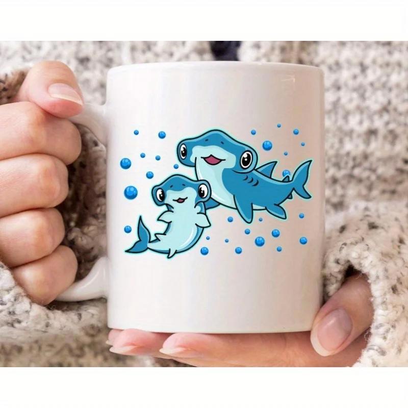 Tailorly White Ceramic 11 oz Mug - Adorable Blue Hammerhead Sharks Swimming Among Tiny Bubbles In Deep Ocean Shark