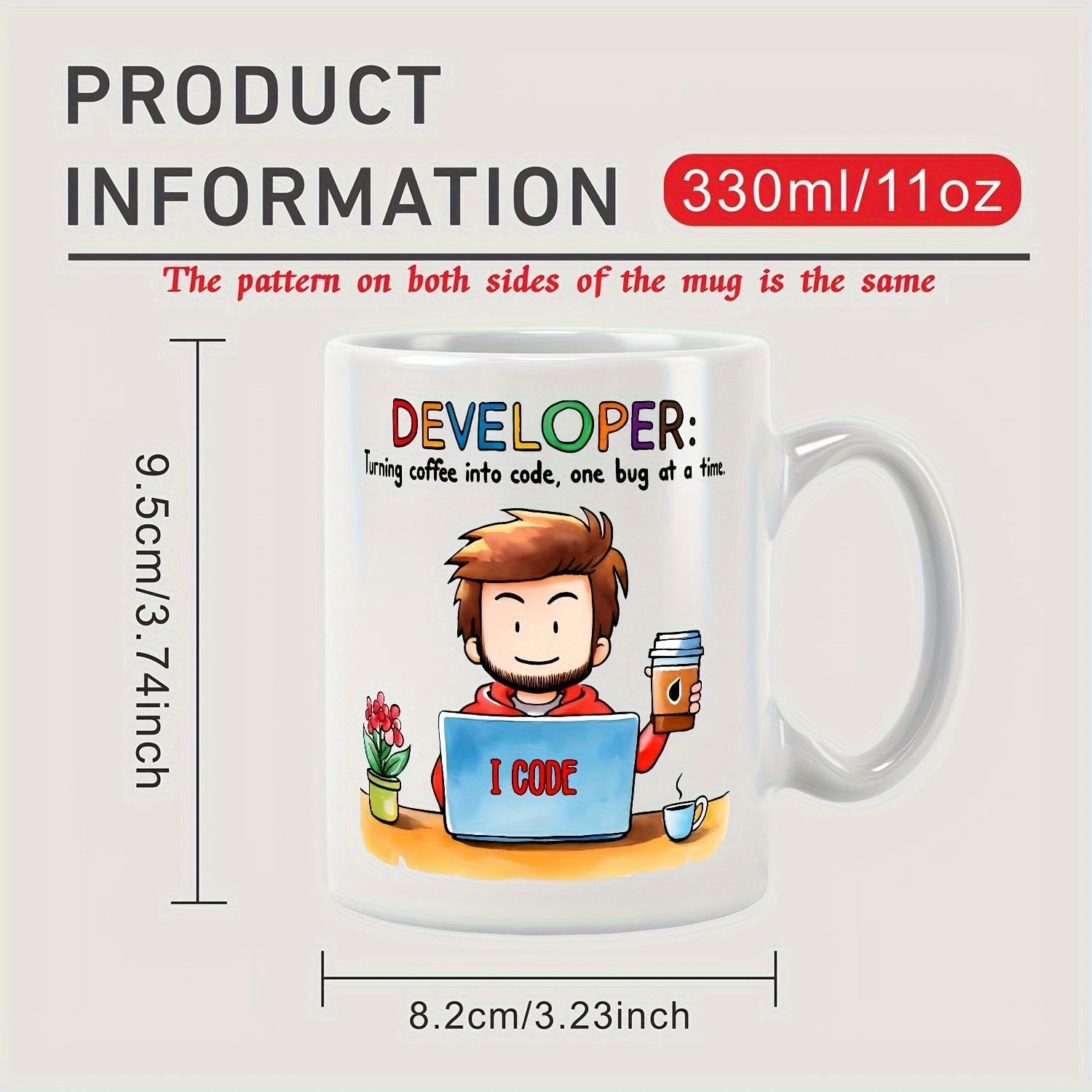 Tailorly White Ceramic 11 oz Mug - Developer Turning Coffee Into Code One Bug At A Time I Code Cute Cartoon Character Working On Laptop With Warm Coffee Developer