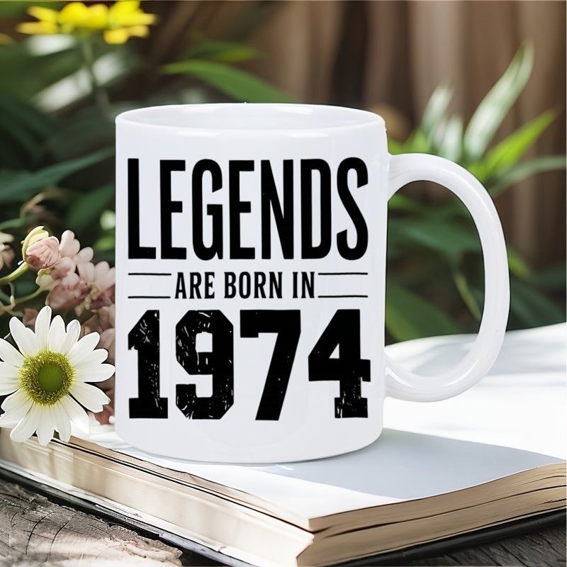 Tailorly White Ceramic 11 oz Mug - Legends Are Born In 1974 Bold Black Distressed Lettering On A Minimalist Smooth Surface