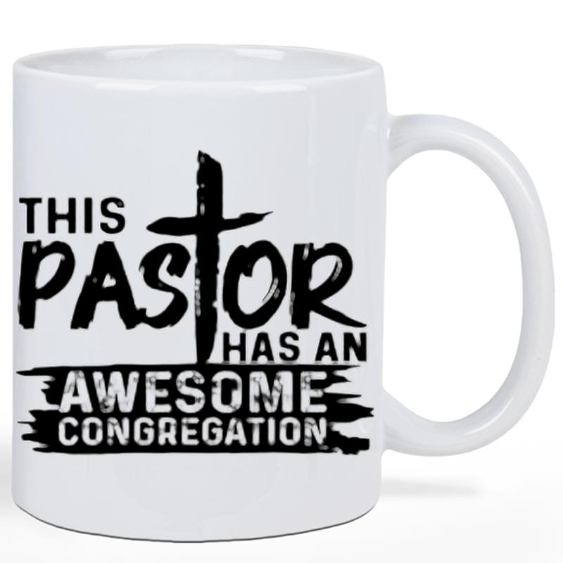 Tailorly White Ceramic 11 oz Mug - This Pastor Has An Awesome Congregation Distressed Black Ink Religious Design Featuring A Stylized Christian Cross