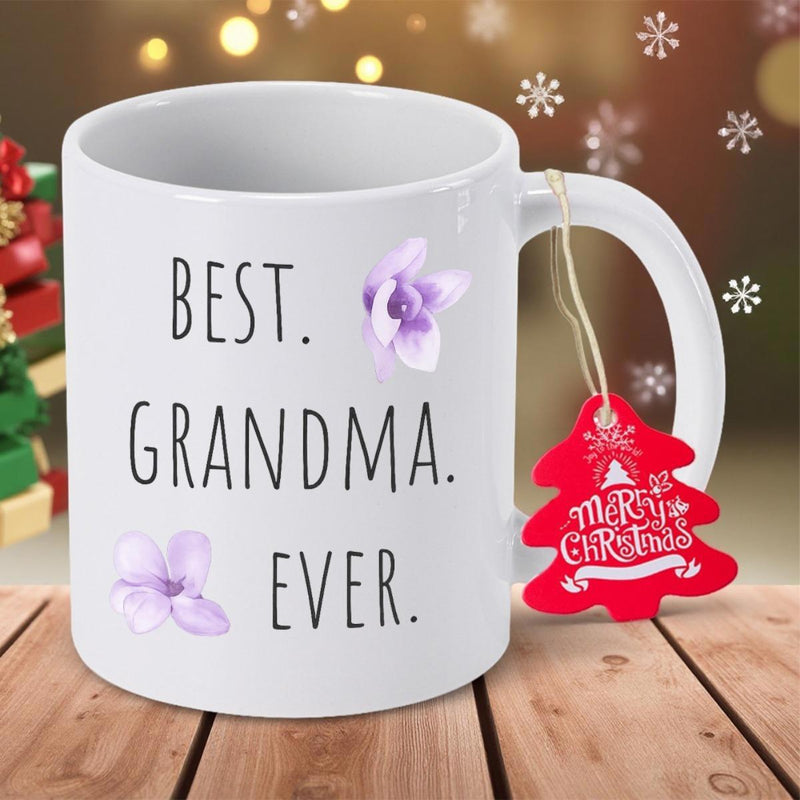Tailorly White Ceramic 11 oz Mug - Best Grandma Ever Delicate Purple Lilac Blossoms Scattered Around Elegant Minimalist Text Flower