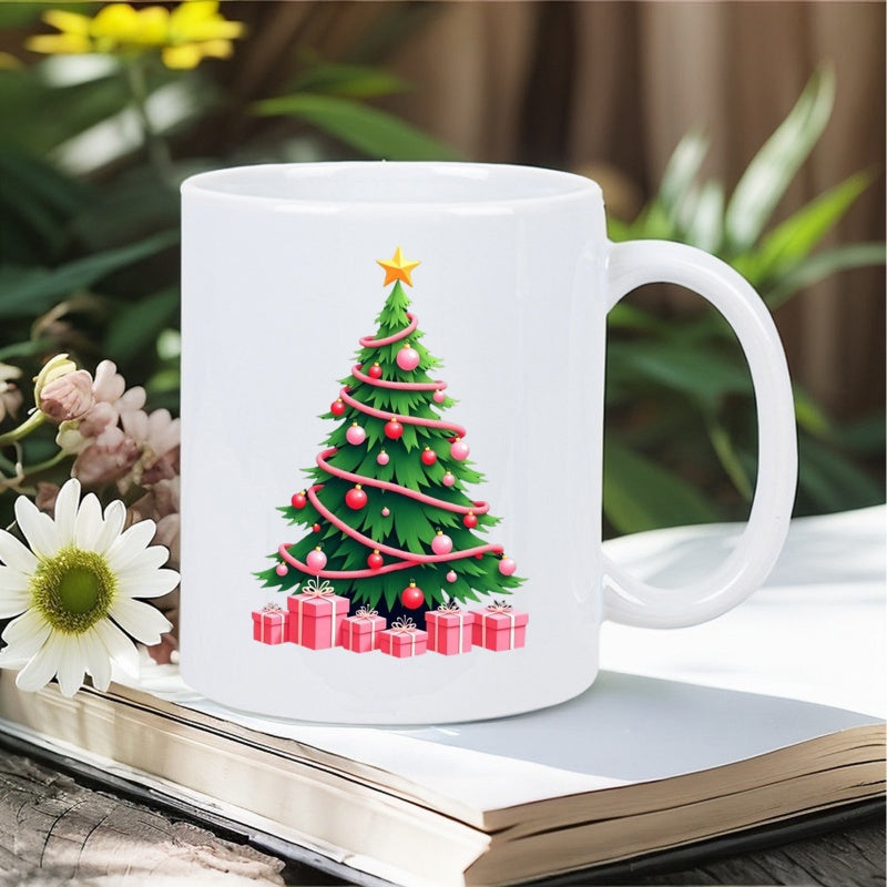 Tailorly White Ceramic 11 oz Mug - Festive Green Pine Adorned With Pink Baubles And Tiny Gift Boxes Tree